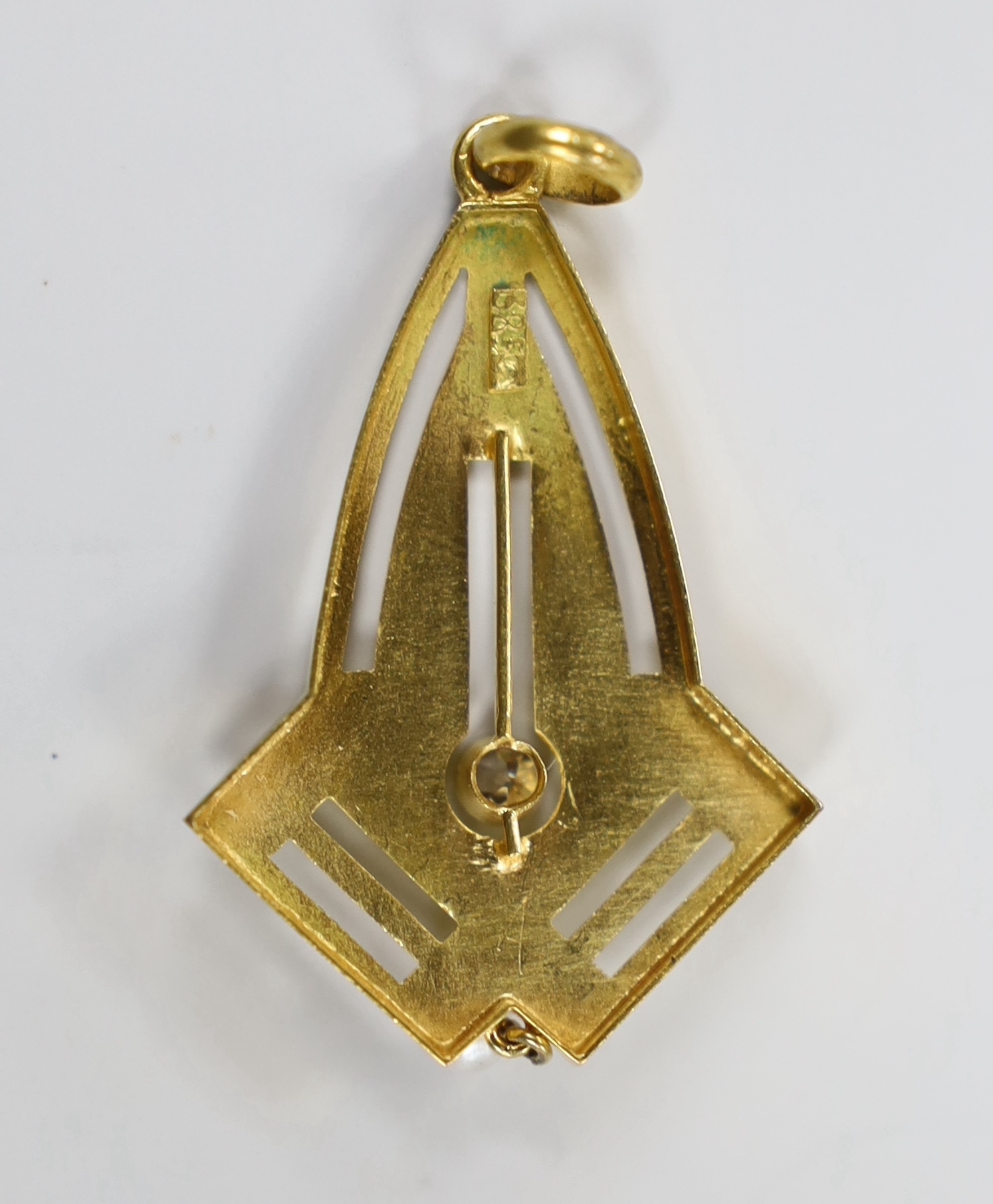 A stylish Art Nouveau style 585 yellow metal, diamond and drop pearl set pendant, 40mm, gross 2.2 grams.